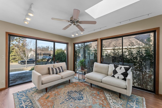 living area featuring wood finished floors, a ceiling fan, a skylight, and track lighting