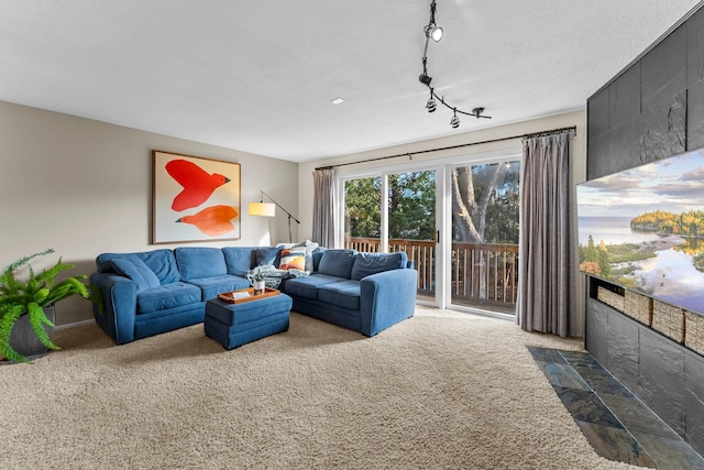 carpeted living area featuring a textured ceiling and rail lighting