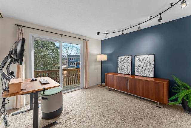 carpeted home office with rail lighting and baseboards