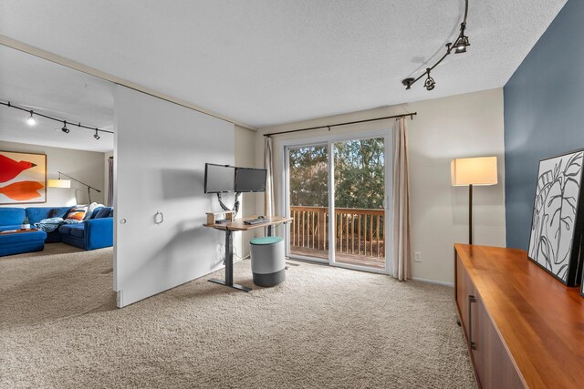 office area with track lighting, carpet, and a textured ceiling