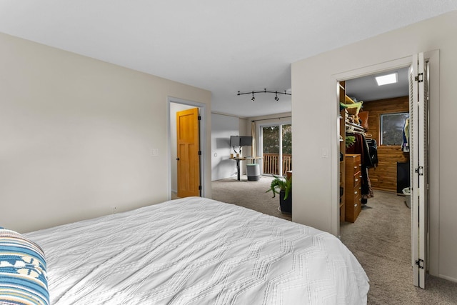 carpeted bedroom featuring rail lighting and a spacious closet