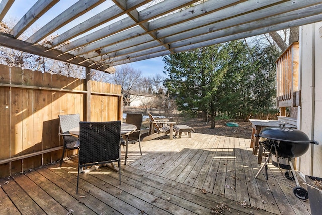 wooden terrace featuring fence, a pergola, and grilling area