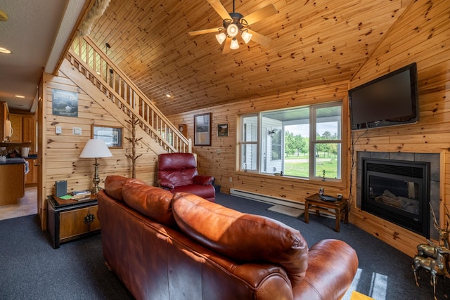 living area featuring lofted ceiling, wooden ceiling, wood walls, a fireplace, and dark carpet