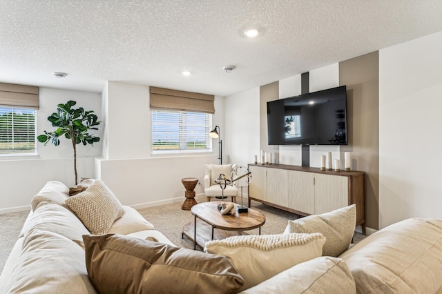 living room with light carpet, baseboards, and a wealth of natural light