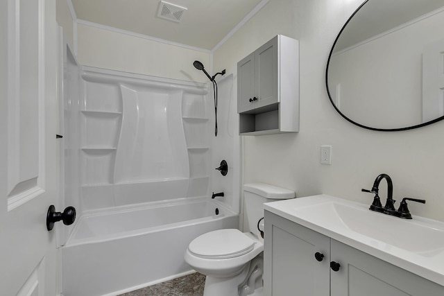 bathroom featuring toilet, visible vents, tub / shower combination, and vanity