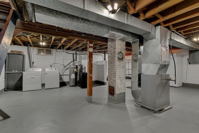 unfinished basement featuring water heater, independent washer and dryer, electric panel, and heating unit