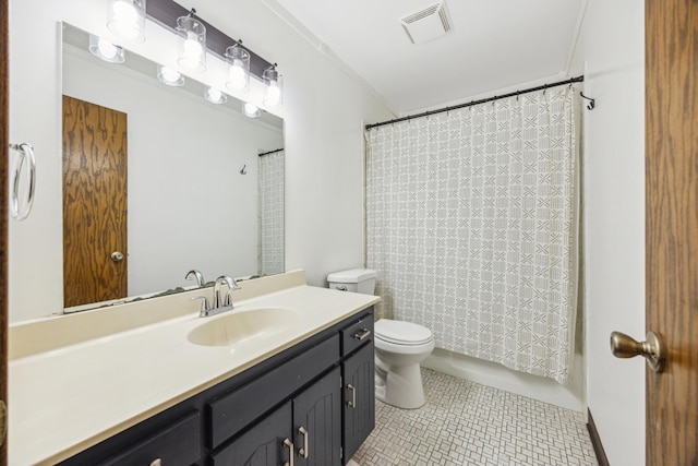 full bathroom featuring visible vents, toilet, tile patterned floors, shower / bath combination with curtain, and vanity