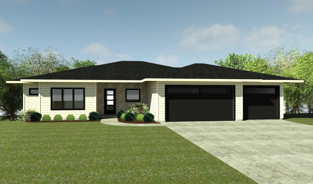 view of front of property with concrete driveway, a front yard, a garage, and a shingled roof