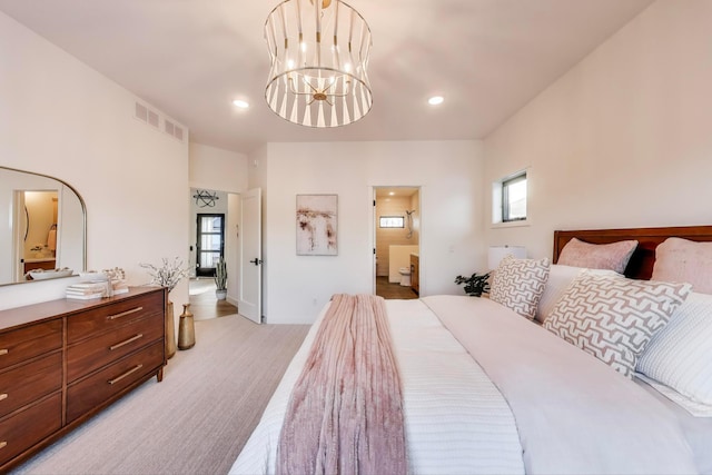 702 Summer Ave SE, New Prague, MN 56071 - bedroom featuring visible vents, connected bathroom, light carpet, recessed lighting, and a notable chandelier