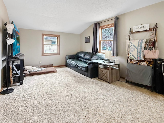 interior space featuring carpet, baseboards, vaulted ceiling, and a textured ceiling