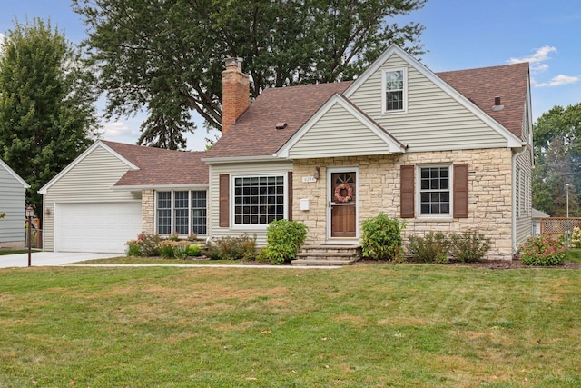 view of front facade featuring a garage, a chimney, a front lawn, and a shingled roof