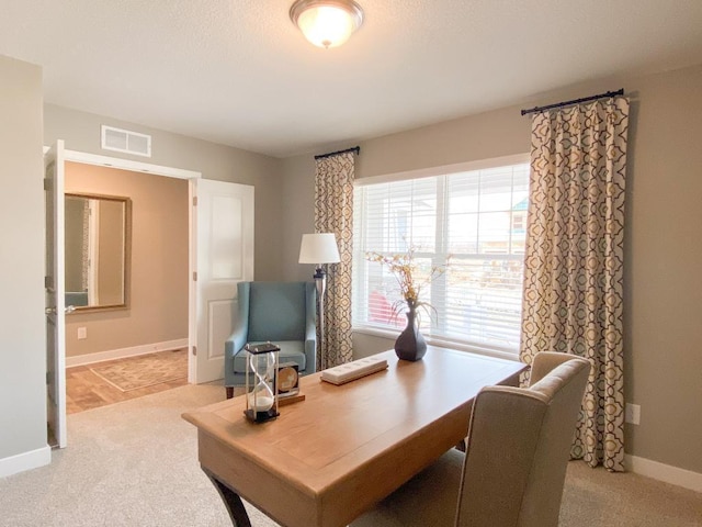 office featuring carpet floors, visible vents, and baseboards