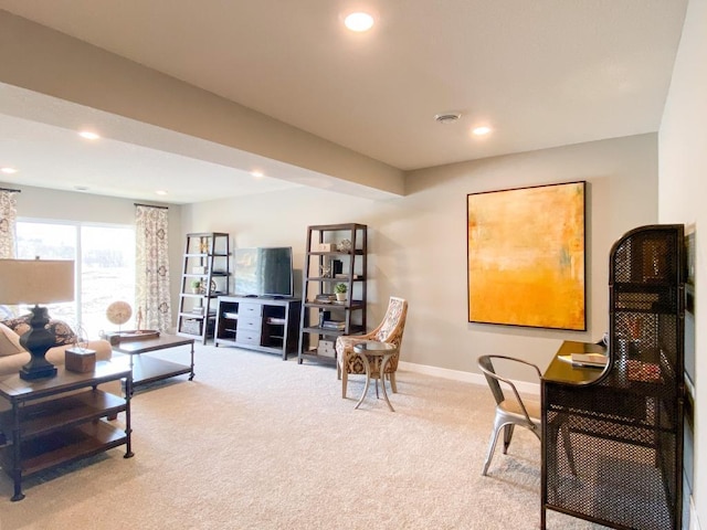 living room with light carpet, baseboards, and recessed lighting