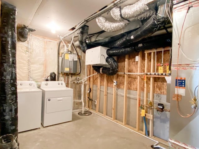 unfinished below grade area with water heater and independent washer and dryer