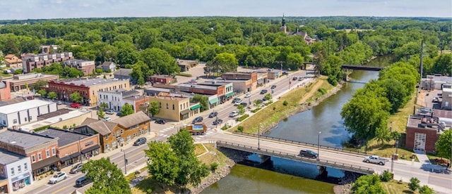 bird's eye view featuring a water view and a view of trees