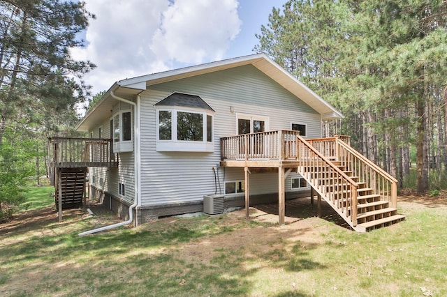 1505 Harrison Dr SW, Brainerd, MN 56401 - rear view of property featuring stairway, a wooden deck, a lawn, and cooling unit