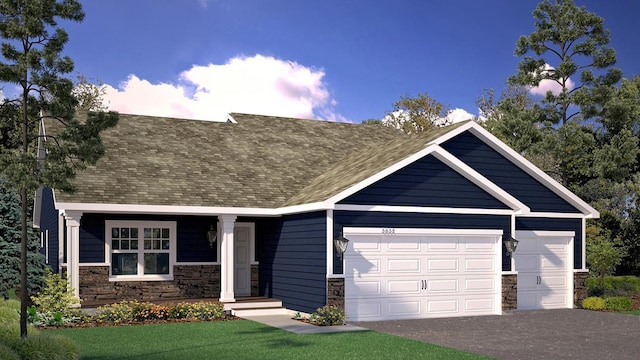 view of front facade featuring a garage, stone siding, roof with shingles, and driveway