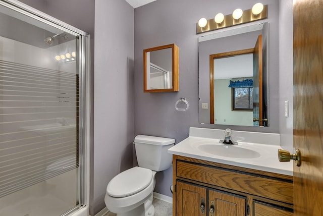 full bathroom featuring toilet, a shower stall, and vanity