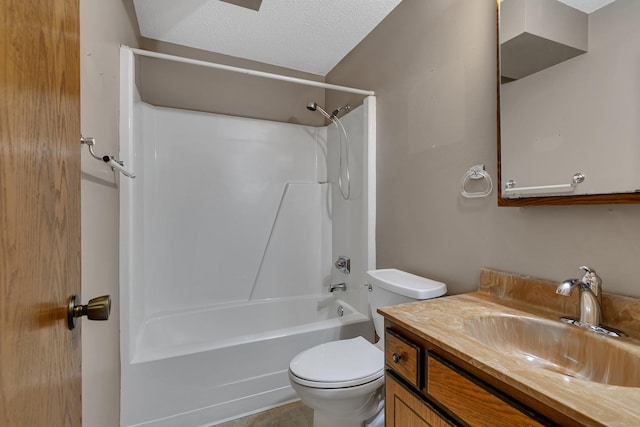 full bathroom featuring bathing tub / shower combination, a textured ceiling, toilet, and vanity