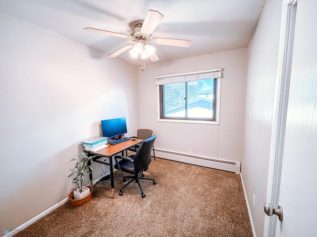 home office featuring a baseboard heating unit, carpet, ceiling fan, and baseboards