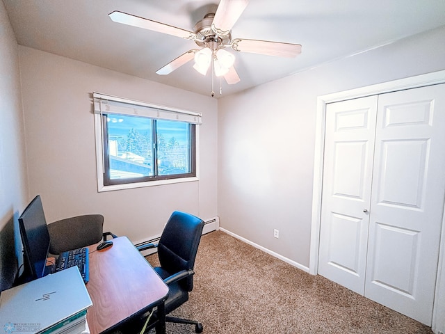 office space featuring a baseboard radiator, carpet flooring, a ceiling fan, and baseboards