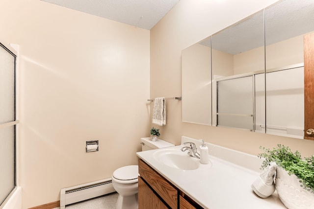 13857 Jacob Ave, Nininger Twp, MN 55033 - bathroom featuring a baseboard heating unit, a shower with door, and vanity