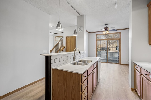 kitchen with light countertops, light wood finished floors, a sink, and tasteful backsplash