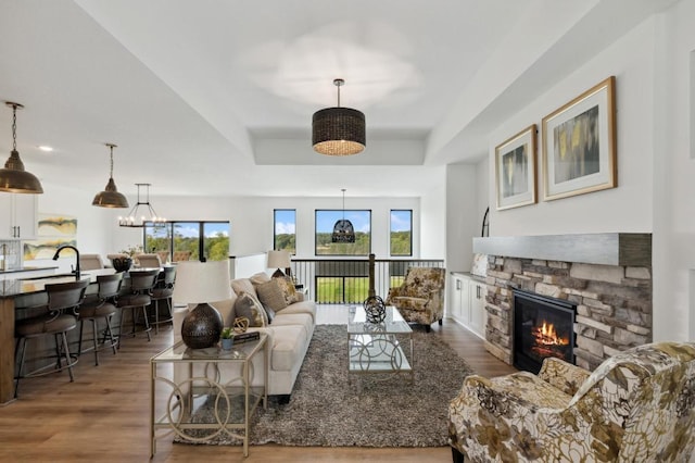 living room featuring a raised ceiling, a stone fireplace, and wood finished floors