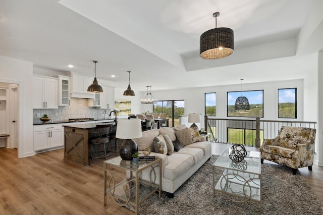 living area with wood finished floors and recessed lighting