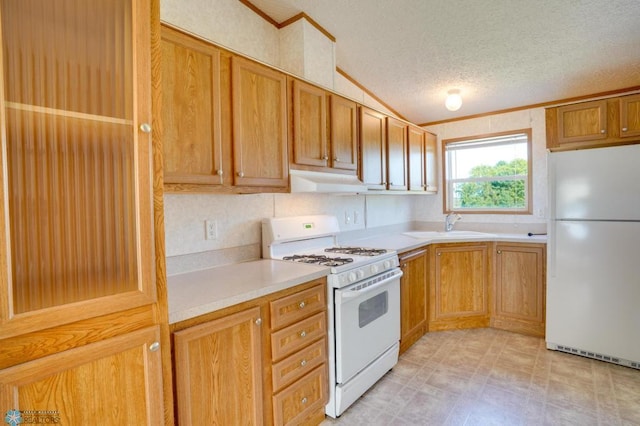 kitchen featuring light countertops, a sink, a textured ceiling, white appliances, and under cabinet range hood