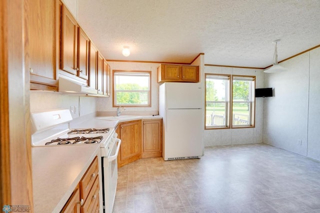 kitchen featuring white appliances, ornamental molding, light floors, light countertops, and under cabinet range hood