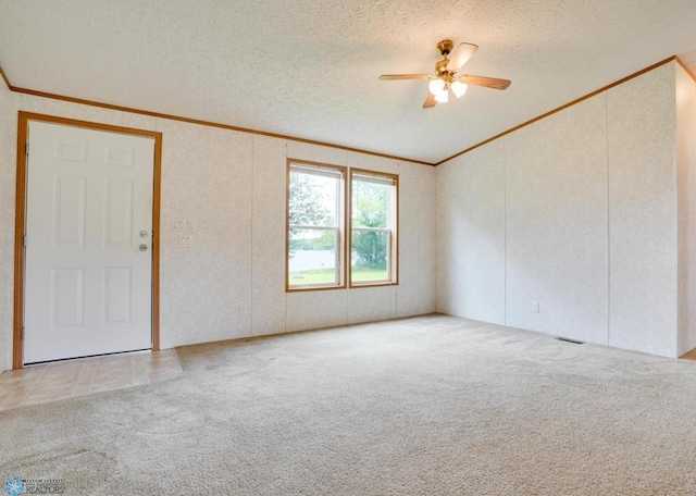 carpeted empty room with a textured ceiling and crown molding