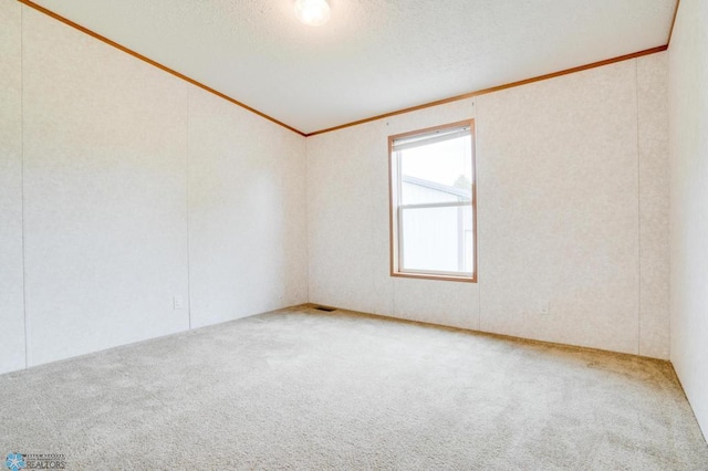 empty room with a textured ceiling, ornamental molding, and carpet flooring