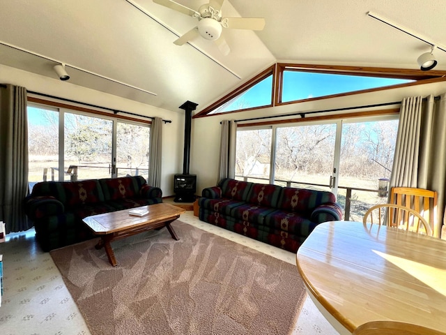 living room with lofted ceiling, ceiling fan, a wood stove, rail lighting, and carpet