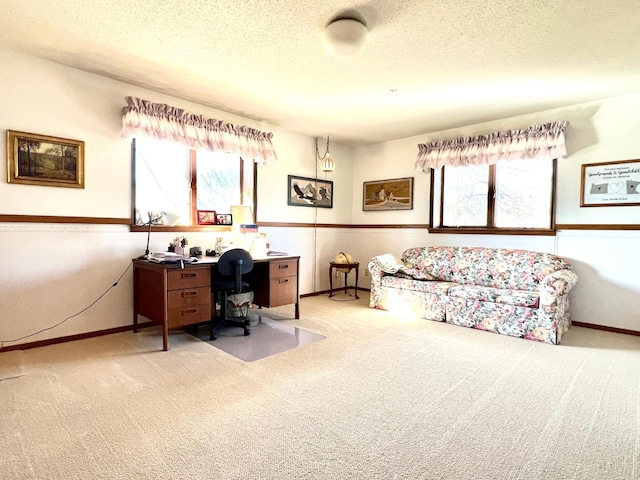 office space with a textured ceiling, baseboards, and light colored carpet