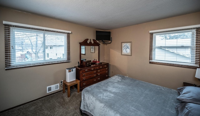 carpeted bedroom featuring visible vents, a textured ceiling, and multiple windows