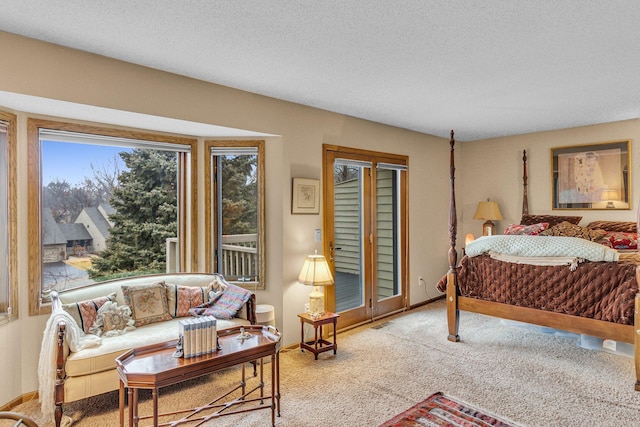 carpeted bedroom featuring access to outside, baseboards, and a textured ceiling