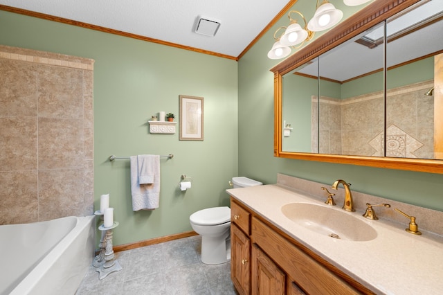 full bathroom featuring ornamental molding, tile patterned flooring, walk in shower, toilet, and a washtub