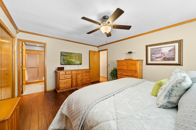 bedroom with dark wood-type flooring, baseboards, ceiling fan, ornamental molding, and a textured ceiling