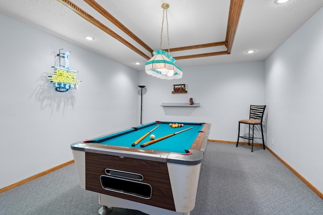 rec room with recessed lighting, a raised ceiling, baseboards, and carpet floors