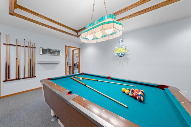 playroom with billiards, carpet, baseboards, and a raised ceiling