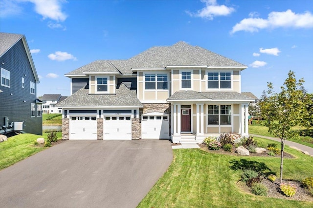 view of front of house with a shingled roof, stone siding, aphalt driveway, an attached garage, and a front yard