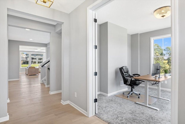 office space featuring a healthy amount of sunlight, baseboards, and wood finished floors