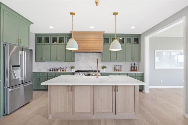 16700 47th Ave N, Plymouth, MN 55446 - kitchen with stainless steel refrigerator with ice dispenser, green cabinetry, decorative backsplash, light wood finished floors, and recessed lighting