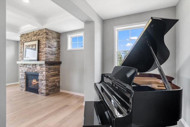 16700 47th Ave N, Plymouth, MN 55446 - living area with wood finished floors, baseboards, a stone fireplace, crown molding, and beamed ceiling