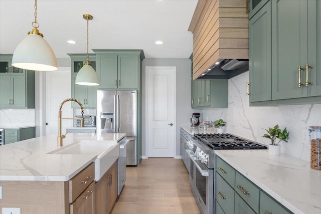 16700 47th Ave N, Plymouth, MN 55446 - kitchen featuring stainless steel appliances, custom exhaust hood, light wood-style flooring, tasteful backsplash, and recessed lighting