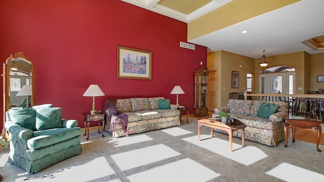 living room featuring recessed lighting, visible vents, and baseboards