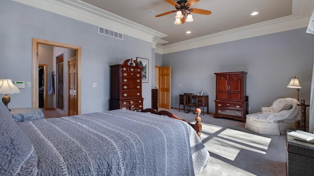 carpeted bedroom featuring recessed lighting, visible vents, ornamental molding, ceiling fan, and baseboards