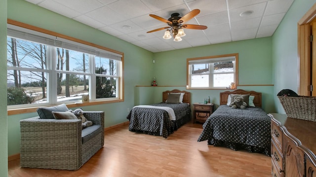 bedroom with a paneled ceiling, light wood-style floors, ceiling fan, and baseboards