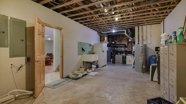 unfinished basement with water heater, a baseboard radiator, and electric panel